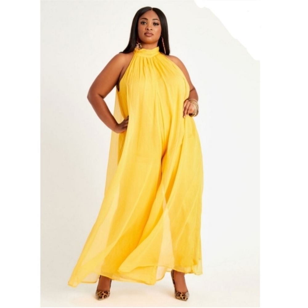 Ashley Stewart Halter Overlay Wide Leg Jumpsuit Size 14 NWT Nugget Gold